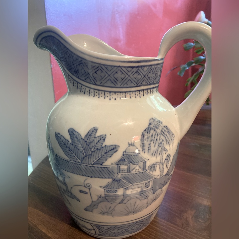 Vtg. Asian blue willow porcelain large pitcher.